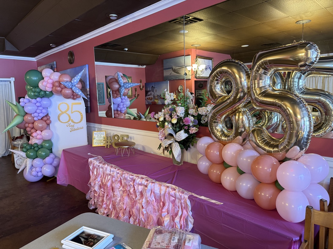85th birthday balloon display with number stand