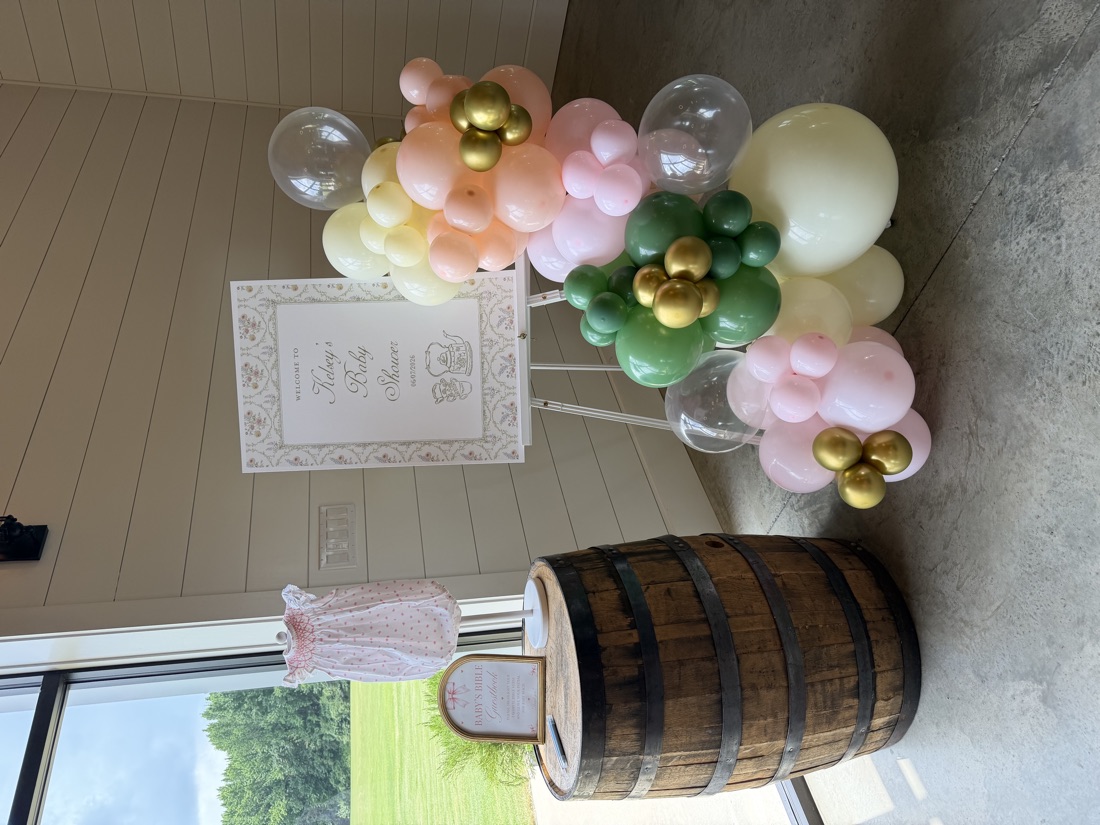 Baby shower balloon styling with welcome sign